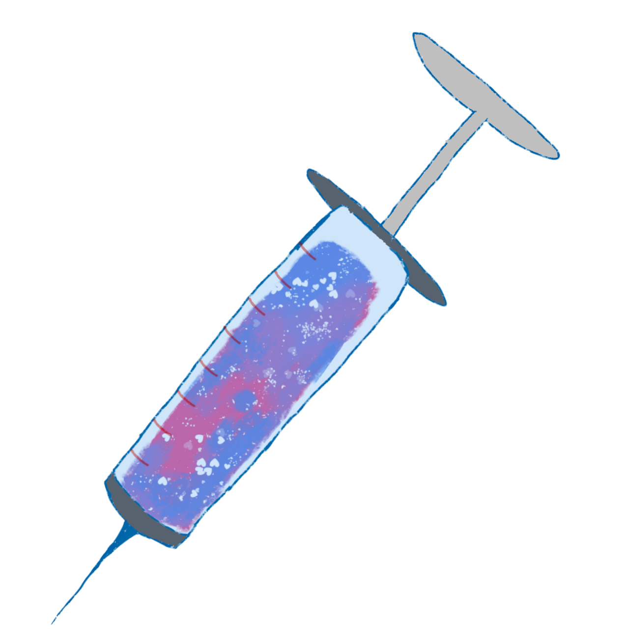 a grey crayon textured syringe with red lines on it, there's a purple, blue and pink liquid inside that has white particles, the tip has a blue needle